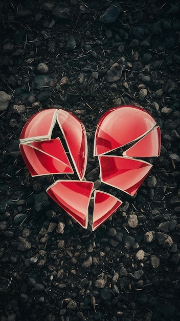 Photo top view broken glass heart