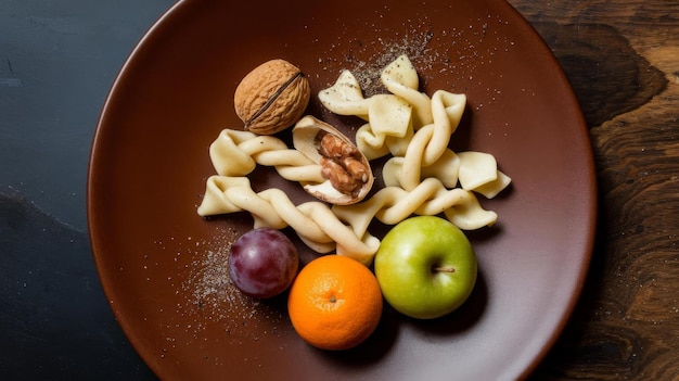 Top view brown plate around different ingredients on dark background meal food nut color dough past