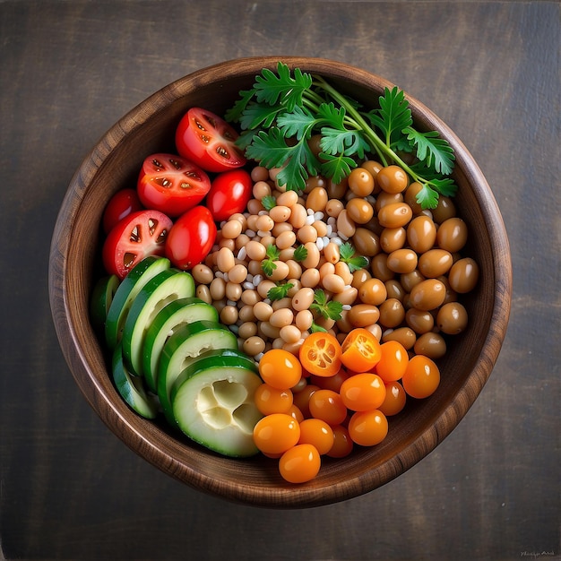 Top view of a Buddha bowl dish with veggies and legumes