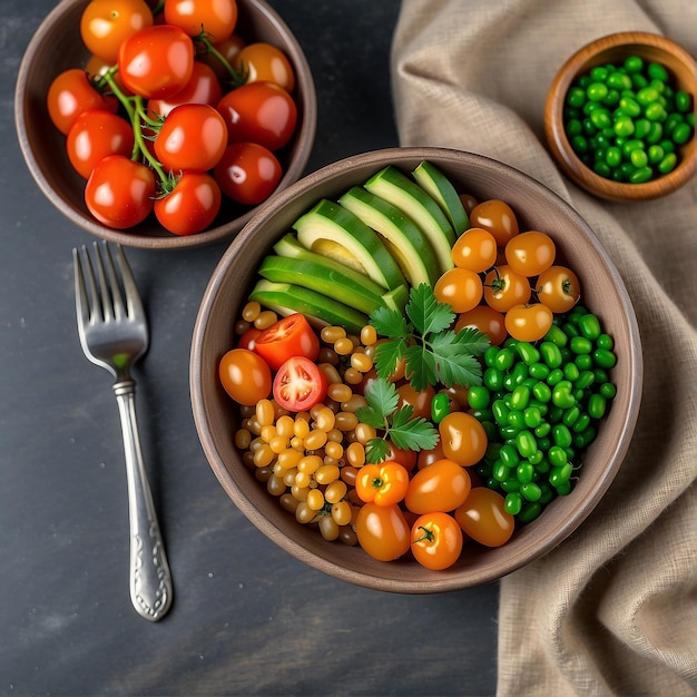 Top view of a Buddha bowl dish with veggies and legumes