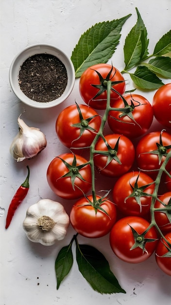 Top view bunches of tomatoes with a bowl of black pepper garlic leaves chili pepper on white bac