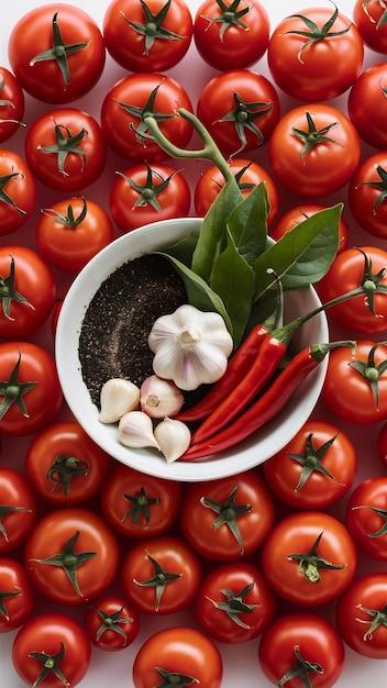 Top view bunches of tomatoes with a bowl of black pepper garlic leaves chili pepper on white bac