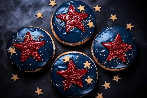 Top view of burgers with american flags and stars