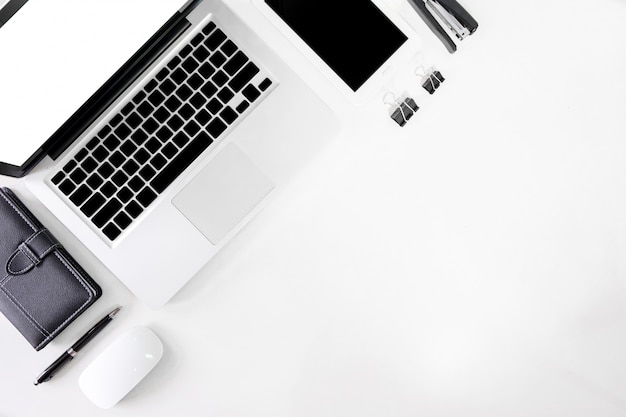 Top view business office desk with copy space hero header image on white background