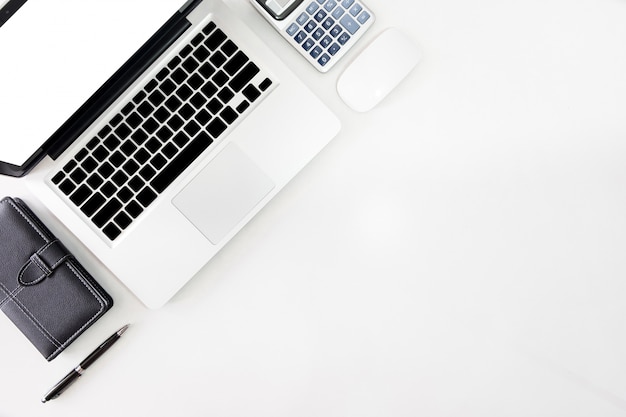 Top view business office desk with copy space hero header image on white background