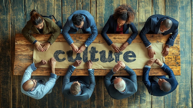 Photo top view of business people sitting around a table with culture written on paper