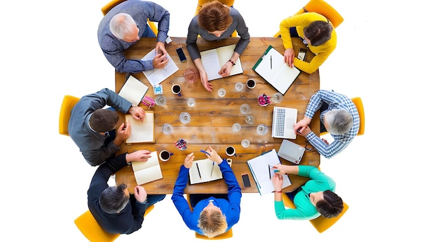 Top view of business people sitting and discussing at meeting table in office