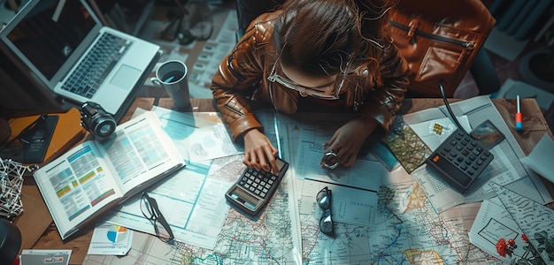 Photo top view of business people sitting at table with financial charts and graphs