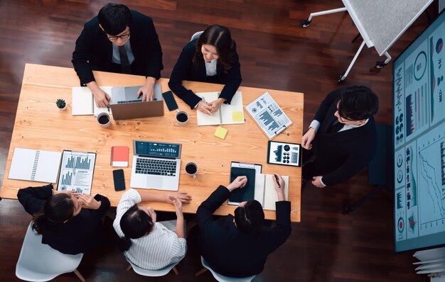 Top view business presentation at harmony conference room with colleagues