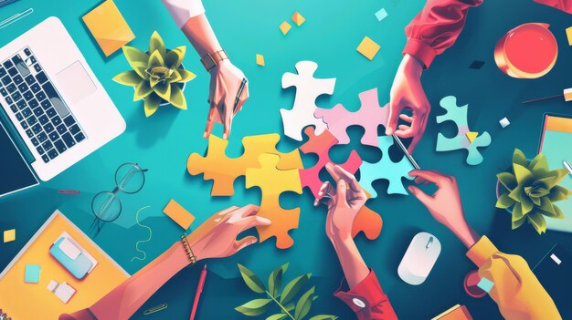 Photo top view of a business workspace with hands collaborating on a puzzle surrounded by office supplies