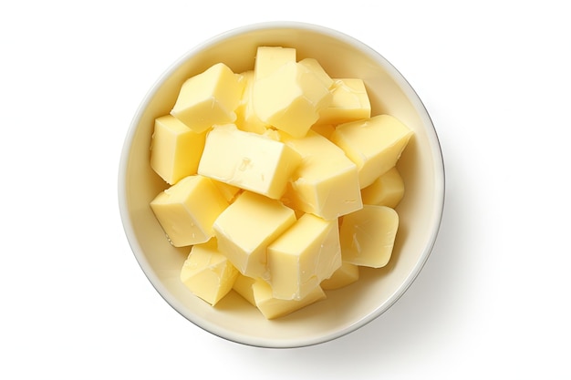 Top view of butter pieces in a white bowl isolated