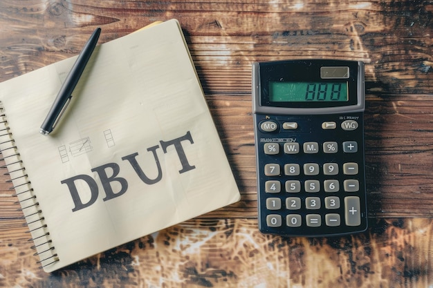 Photo top view calculator and notebook with text debt on a wooden background