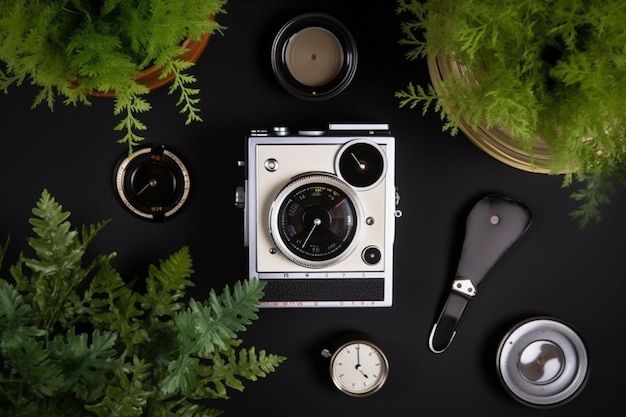 Top view camera with negatives clock and plants