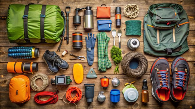 Photo top view of camping and hiking travel equipment and accessories generated by ai