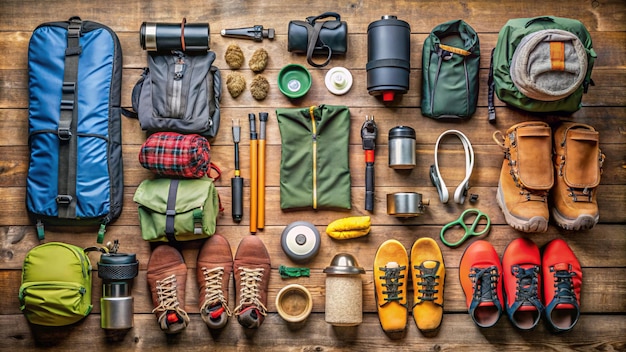 Photo top view of camping and hiking travel equipment and accessories generated by ai