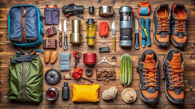 Photo top view of camping and hiking travel equipment and accessories generated by ai