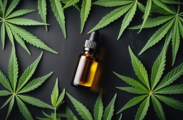 top view of cannabis oil bottle among leaves flatlay cosmetic and medical usage of marijuana