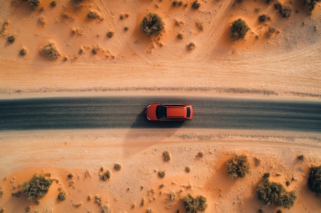 Top view of car asphalt road and desert Beautiful landscape photos from drone