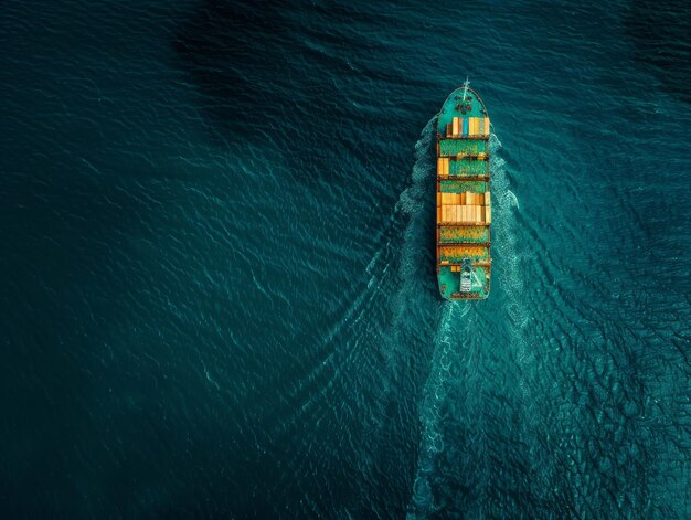 Photo top view of a cargo ship with colorful containers sailing in the dark blue sea an aerial wideangle t