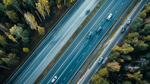 Top View of Cars Driving Along a Highway on an Asphalt Road