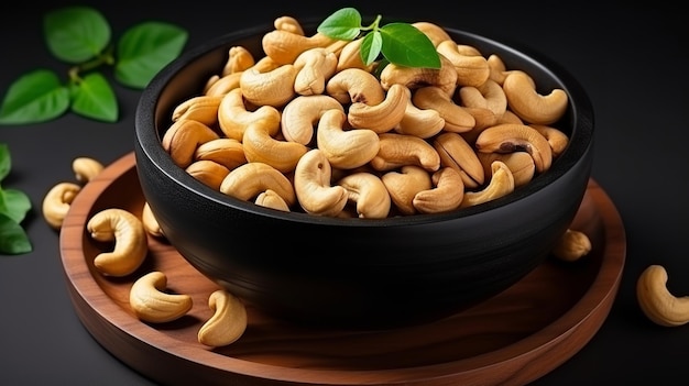 top view of cashew nuts in black bowl isolated