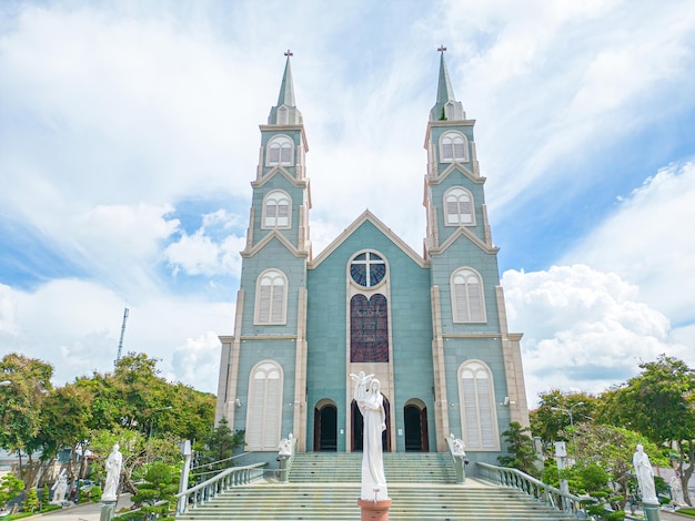 Top view of the Chanh Toa Church in Ba Ria Vung Tau The light shines on the statue of the Virgin Mary