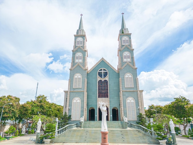 Top view of the Chanh Toa Church in Ba Ria Vung Tau The light shines on the statue of the Virgin Mary