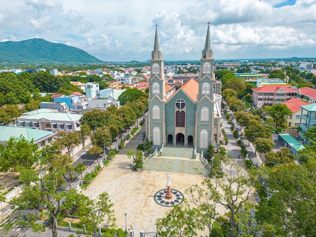 Top view of the Chanh Toa Church in Ba Ria Vung Tau The light shines on the statue of the Virgin Mary