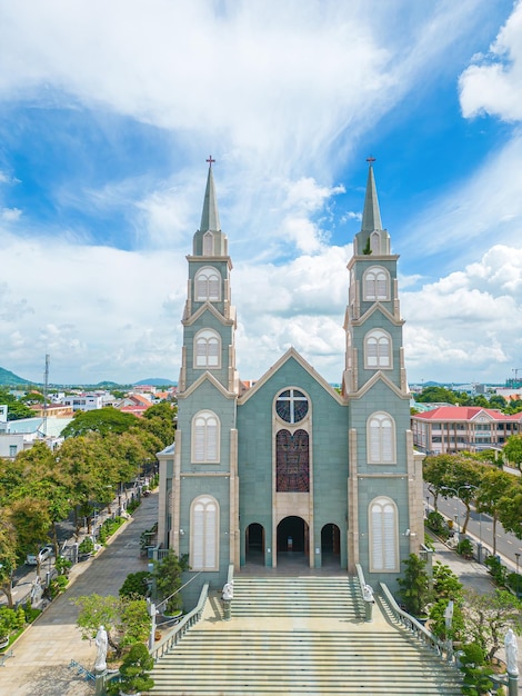 Top view of the Chanh Toa Church in Ba Ria Vung Tau The light shines on the statue of the Virgin Mary