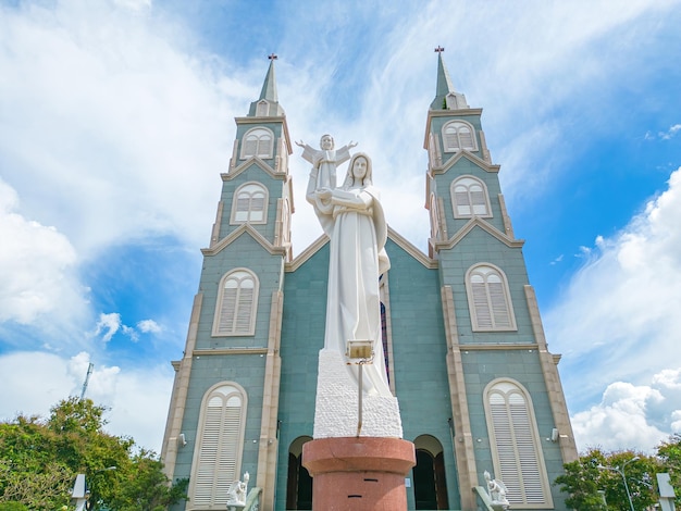 Top view of the Chanh Toa Church in Ba Ria Vung Tau The light shines on the statue of the Virgin Mary