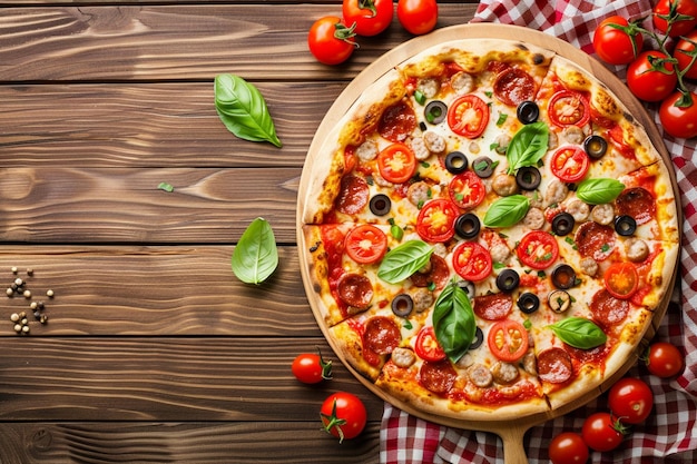 Photo top view of cheesy tomato pizza with olives and sausages inside pan on brown desk