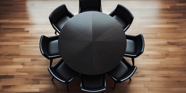 Photo top view of a chic circular table surrounded by black chairs on the floor leaving room for text