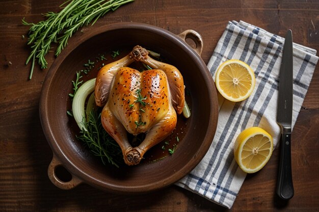 Photo top view of chicken chicken with lemon herbs onion on the board oil sauce fork knife