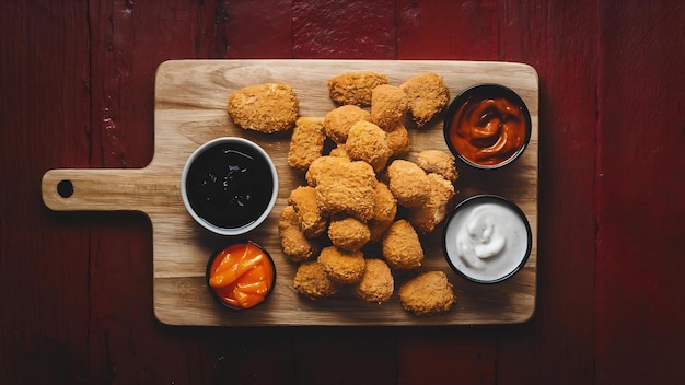 Top view chicken nuggets and sauces on cutting board on dark red wall with free space