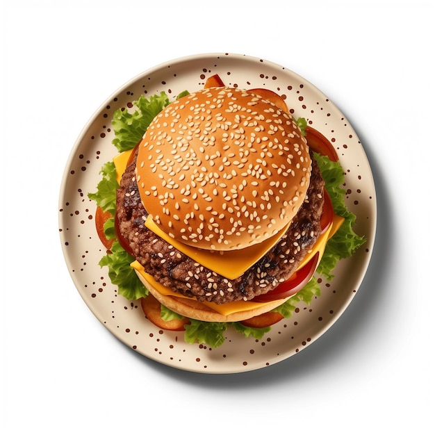 Top view of chicken sandwich with green salad and vegetables inside plate on dark surface