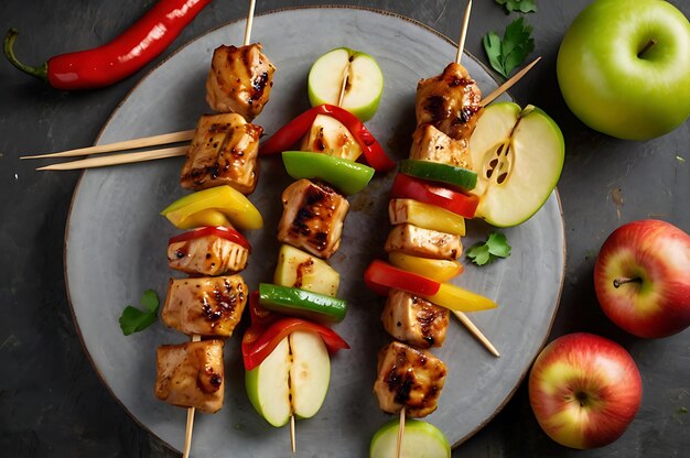 Top view of chicken skewers and slices of apples and chili arranged artfully on a wooden board