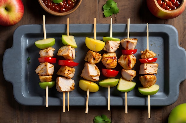 Top view of chicken skewers and slices of apples and chili arranged artfully on a wooden board