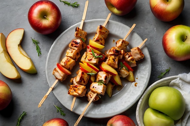 Top view of chicken skewers and slices of apples and chili arranged artfully on a wooden board