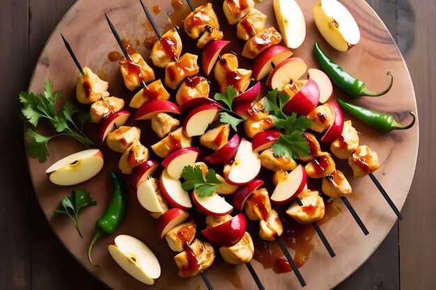 Top view of chicken skewers and slices of apples and chili arranged artfully on a wooden board