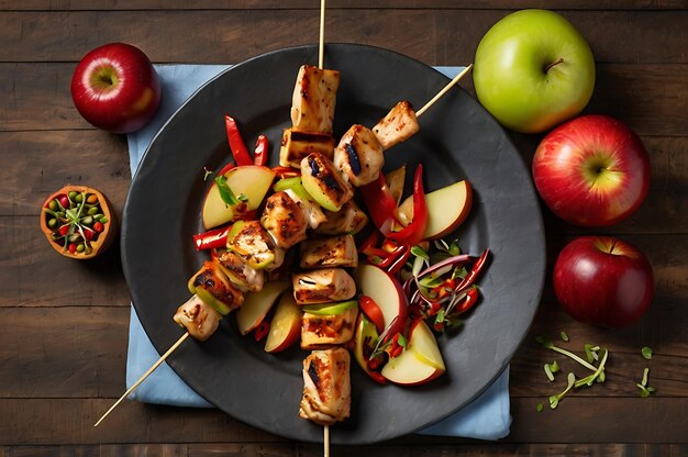 Top view of chicken skewers and slices of apples and chili arranged artfully on a wooden board