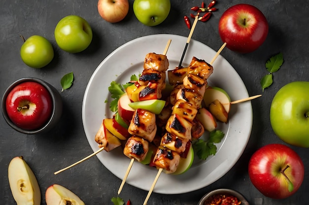 Top view of chicken skewers and slices of apples and chili arranged artfully on a wooden board