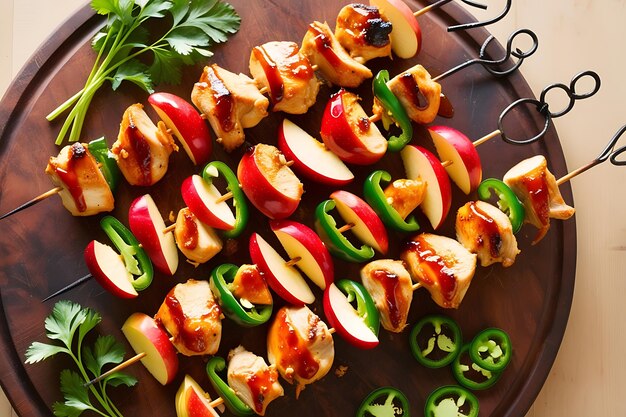 Top view of chicken skewers and slices of apples and chili arranged artfully on a wooden board