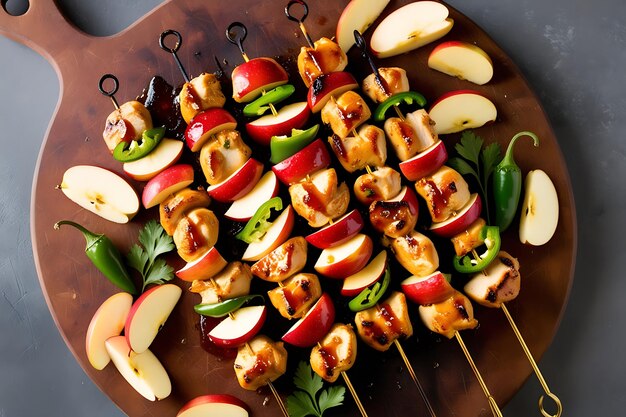 Top view of chicken skewers and slices of apples and chili arranged artfully on a wooden board