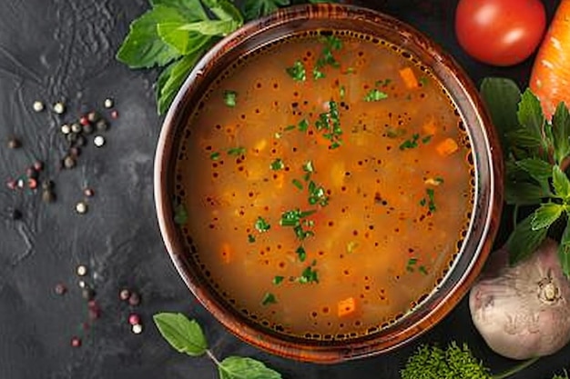 Top view of chicken soup with ingredients