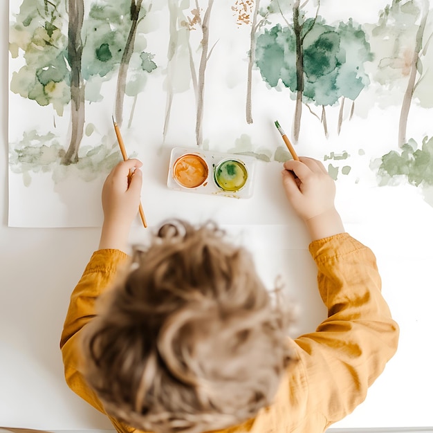 Photo top view of a child painting a watercolor forest scene