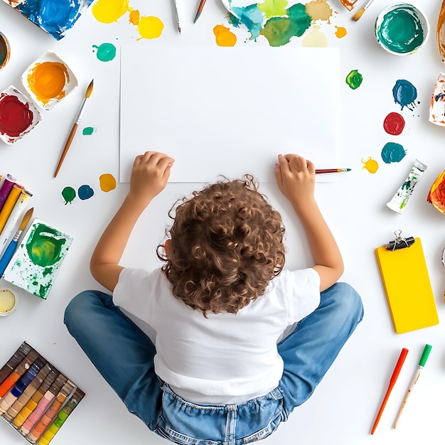 Top view of a child painting on a white canvas surrounded by art supplies