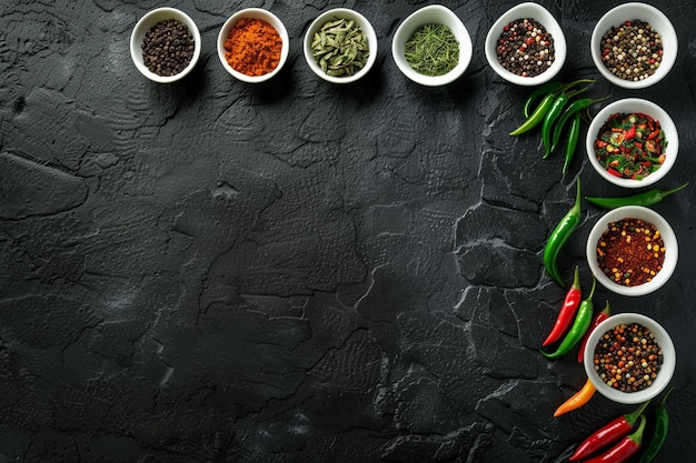 Top view chili pepper with spices in white bowls on black stone vertical