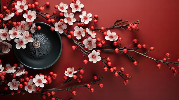 top view of chinese new year background with flower oranament and red background