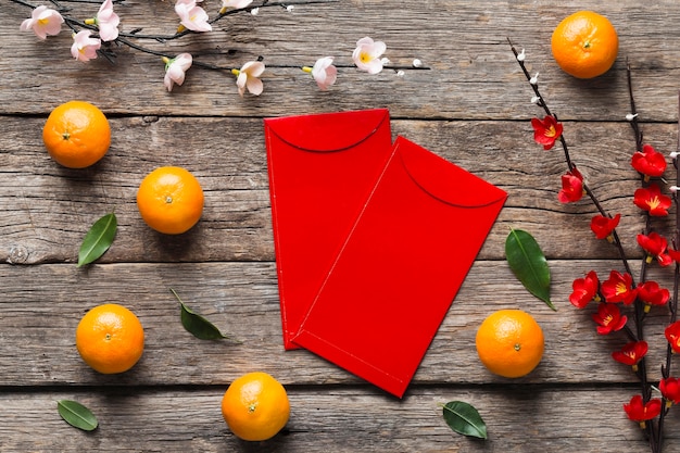 Top view of chinese new year concept on wooden table