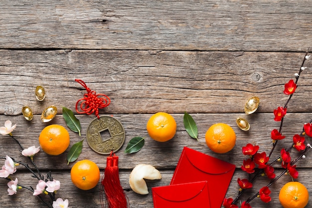 Top view of chinese new year concept on wooden table